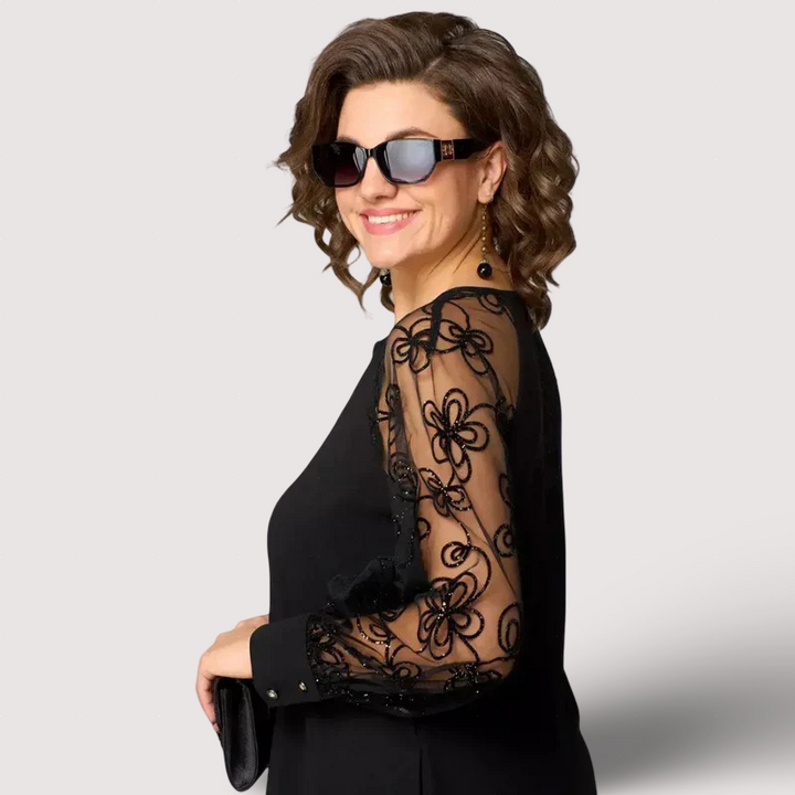 Helena - Elegantní černé šaty s krajkovými rukávy